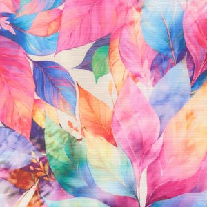 May include: A fabric textile featuring a vibrant, multi-colored botanical pattern of overlapping leaves. The design displays a gradient of saturated hues including bright pink, magenta, electric blue, orange, yellow, and green, with visible leaf veins.