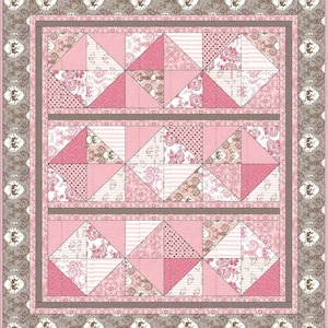 May include: A pink and brown patchwork quilt with a geometric pattern of triangles. The quilt is made up of different fabrics with floral and polka dot designs.
