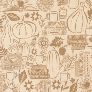 May include: A light beige fabric featuring a repeating brown line-art pattern of pumpkins, sunflowers, stacks of books, coffee cups, and leaves. The design includes various botanical elements and geometric star shapes scattered across the surface.