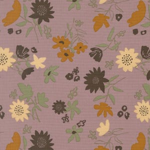May include: A fabric pattern featuring a dusty mauve background with a repeating floral design. The print includes stylised flowers in shades of dark brown, mustard yellow, and cream, interspersed with light green leaves and small abstract shapes.
