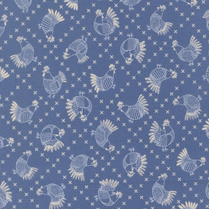 May include: Blue fabric with a repeating pattern of white chickens and small white crosses. The chickens are drawn in a simple, folk-art style, with detailed feathers and beaks. The fabric has a slightly textured appearance.