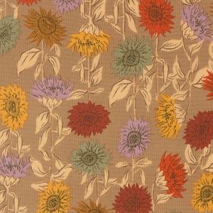 May include: A fabric pattern featuring a repeating illustration of sunflowers in shades of red, yellow, light purple, and sage green on a solid tan background. The sunflowers are depicted with long stems and leaves in a light cream colour.