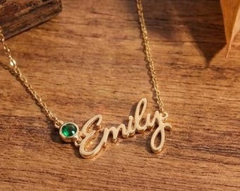 14K Solid Gold Personalized Name Necklace, Script Nameplate, Birthstone Pendant