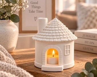 Keramische lantaarn in de vorm van een huis, theelichthouder gemaakt van de arm van Venus, witte woondecoratie, cadeau-idee, LED-theelichtdecoratie