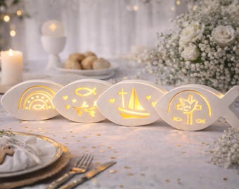 Luce LED a forma di pesce cristiano di Venus Arm | Decorazione in ceramica Ichthys | Decorazione da tavolo per battesimo e comunione | 4 modelli disponibili singolarmente o in set | Idea regalo