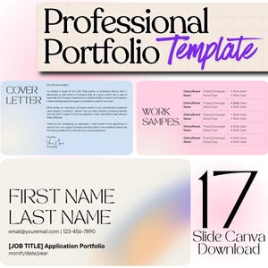 May include: A professional portfolio template with a cover letter, work samples, and contact information sections. The design features a gradient background with the text "Professional Portfolio Template" in large, bold letters. Includes 17 slides.