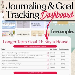 May include: A journaling and goal tracking dashboard for couples. The layout includes sections for affirmations, weekly journals, and stickers. The primary goal is to buy a house, with tasks and milestones listed. The text includes "Maddie & Connor's Life Planning Dashboard."