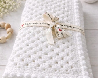 Handmade White Crochet Baby Blanket, Bobble Edge, Soft Yarn, Newborn Gift