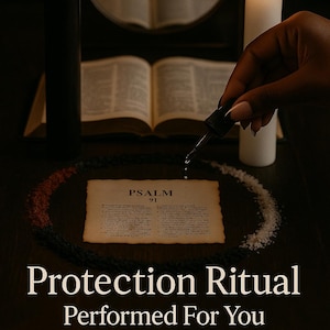 以下が含まれることがあります： 2本のろうそく、鏡、開いた本があるスピリチュアルなシーン。手は「詩篇91」と印刷された紙に液体を滴下しています。「Protection Ritual Performed For You」というテキストが下にあります。