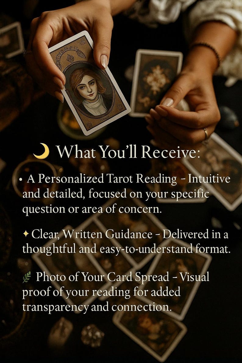 May include: A tarot card reading is shown, with a card featuring a portrait held by hands. The image includes text: "What You'll Receive: A Personalized Tarot Reading - Intuitive and detailed..."
