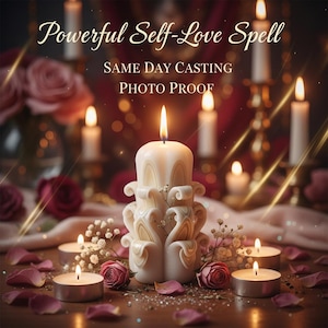 Pode incluir: Uma vela branca ornamentada e acesa é o ponto focal, rodeada por velas menores, pétalas de rosa e rosas. O texto "Powerful Self-Love Spell" está no topo, com "SAME DAY CASTING" e "PHOTO PROOF" abaixo. A cena é acolhedora e convidativa.