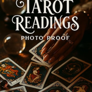 May include: A collection of tarot cards with ornate illustrations, featuring figures in various poses, are displayed on a wooden surface. The words "TAROT READINGS PHOTO PROOF" are written in elegant script. A hand with rings holds some of the cards.
