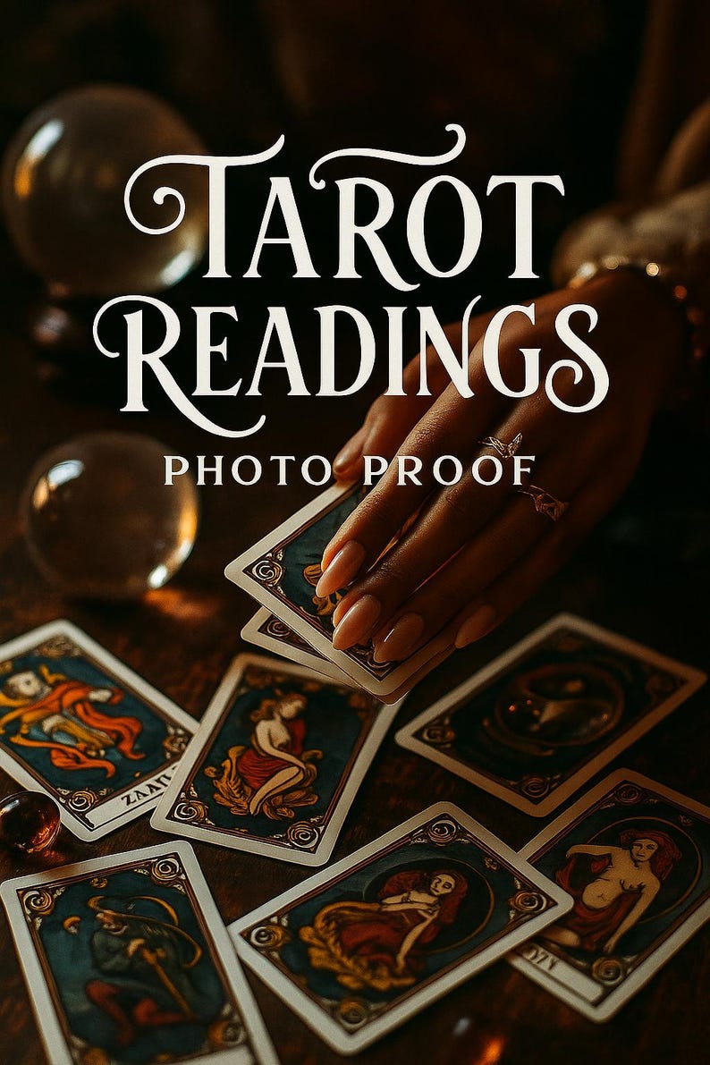 May include: A collection of tarot cards with ornate illustrations, featuring figures in various poses, are displayed on a wooden surface. The words "TAROT READINGS PHOTO PROOF" are written in elegant script. A hand with rings holds some of the cards.