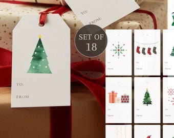 Printable Christmas Gift Tags, Festive Red and Green Holiday Gift Tags, Set of 18 (Instant Download)