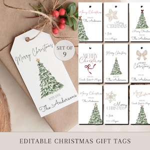 May include: A collection of nine Christmas gift tags. Each tag displays "Merry Christmas" and a Christmas tree illustration. The tags are white with green and gold details. The words "Editable Christmas Gift Tags" are at the bottom of the image.