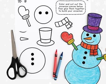 Muñeco de nieve imprimible, manualidad infantil de invierno, recortar y colorear, plantilla para colorear, actividad festiva para el aula en PDF, hoja de trabajo navideña