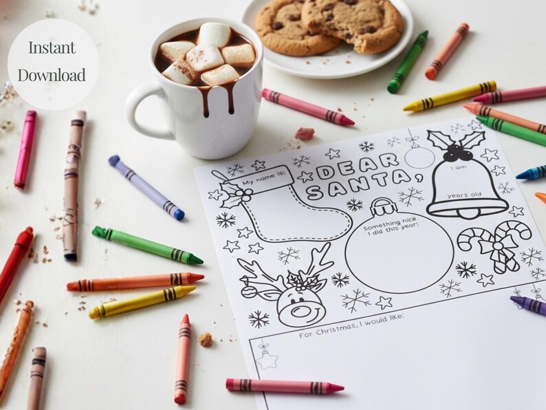 Printable Letter to Santa Coloring Page, Christmas Activity Sheet for Kids, Dear Santa Template, Holiday Coloring Printable, Santa Wish List image 2