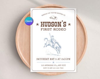 Bearbeitbare Rodeo-Geburtstagseinladung, Einladung zur Cowboy-Western-Party für Jungen, Mein erstes Rodeo, Jedes Alter, Druckbare Canva-Vorlage zum digitalen Download