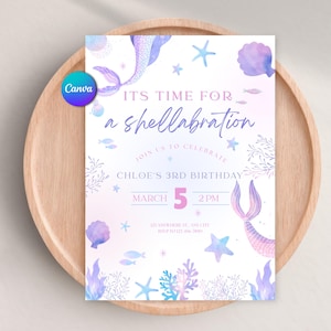 Editable Mermaid Birthday Invitation, Shellabration Under the Sea Party Invite, Girl Birthday, Any Age, Pastel Ocean, Digital Invite, Canva