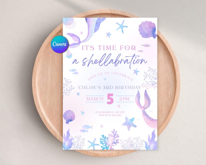 Editable Mermaid Birthday Invitation, Shellabration Under the Sea Party ...