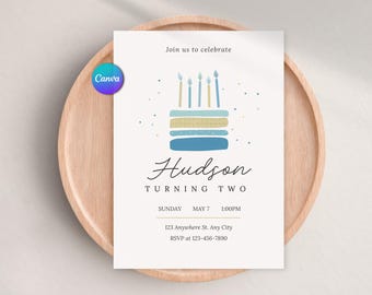 Bearbeitbare Geburtstagseinladung mit Kuchenmotiv, farbenfrohe Partyeinladung, für jedes Alter, Jungengeburtstag, hellblaue, druckbare Einladung, Canva-Vorlage, digitaler Download