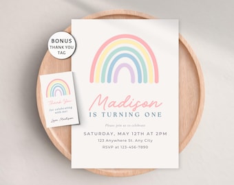 Bearbeitbare Geburtstagseinladung in Pastell-Regenbogen, Einladung zur Regenbogenparty für Mädchen, jedes Alter, moderner Boho-Regenbogen, Canva-Vorlage, digitaler Download