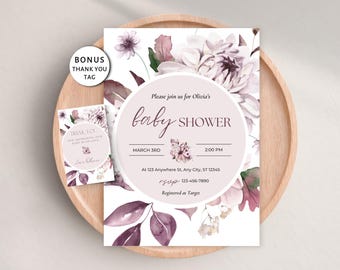 Blumen-Babyparty-Einladung, lila Boho Aquarellblumen, druckbare Mädchen-Babyparty, minimal, digitale Einladung, bearbeitbare Canva-Vorlage