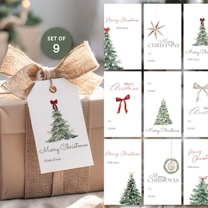 Könnte beinhalten: Ein Set aus neun rechteckigen, weißen Geschenkanhängern mit Aquarellillustrationen von Weihnachtsbäumen, Schleifen, Sternen und Kränzen. Jeder Anhänger enthält den Text Merry Christmas, To, From und With Love in verschiedenen Schriftarten.