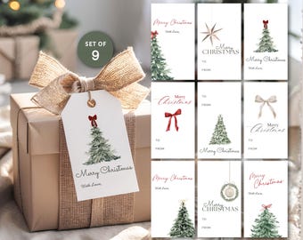 Editable Christmas Gift Tags Printable Christmas Present Label Holiday Party Favor Tag Watercolor Xmas Treat Tag Template Digital Download