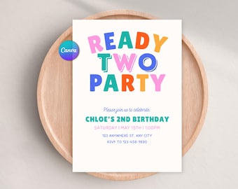 Fertige Einladung zum zweiten Geburtstag, bearbeitbare Einladung für den 2. Geburtstag, für Jungen oder Mädchen, farbenfrohe Einladung zum zweiten Geburtstag, digitaler Download für Canva