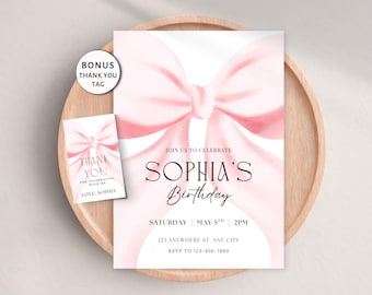 Editable Pink Bow Birthday Invitation, Coquette Invite, Girly, Any Age, Boho, Minimal, Sweet 16, Bow Theme, Digital Invite, Printable Canva