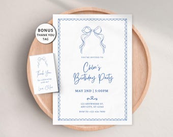 Bearbeitbare Geburtstagseinladung mit blauer Schleife, Einladung zur Mädchenparty, für jedes Alter, elegantes Band, druckbare Canva-Vorlage, digitaler Download
