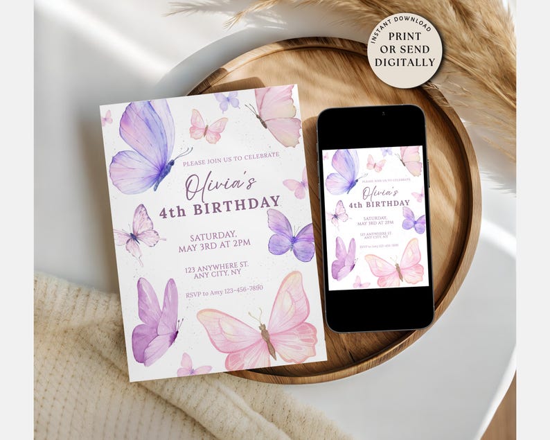 May include: A birthday invitation with watercolor butterflies in shades of purple and pink. The invitation reads "Olivia's 4th Birthday" with event details. A smartphone displays the same design. The invitation is on a wooden tray.