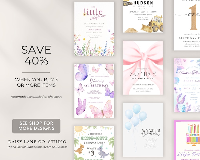 May include: A collection of colorful birthday party invitations with various themes. Designs include butterflies, dinosaurs, and balloons. The invitations feature text such as "Olivia's 4th Birthday" and "Wyatt's Birthday". The image also includes a promotional offer.