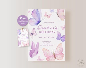 Editable Butterfly Birthday Invitation, Girls Party Invite, Any Age, Purple Pink Butterfly, Digital Invite, Printable, Canva Template