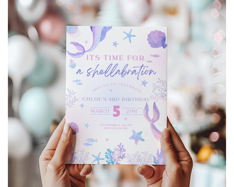 Editable Mermaid Birthday Invitation, Shellabration Under the Sea Party ...