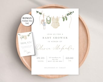 Bearbeitbare Babypartyeinladung, neutrale Salbeigrün-Baby-Wäscheleine einladen Boho, geschlechtsneutrale Babyparty, digitale Einladung, Canva-Vorlage