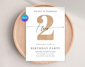 Bearbeitbare Einladung zum zweiten Geburtstag, moderne minimalistische Einladung zur 2. Geburtstagsfeier, neutrale Vorlage für Jungen und Mädchen, Canva-Vorlage, digitaler Download
