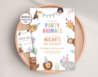 Bearbeitbare Einladung „Alle Partytiere aufgepasst!“, Safari-Tier-Geburtstagseinladung, Dschungelparty, für jedes Alter, druckbar, digital, Canva-Vorlage
