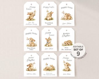 Bearbeitbare Ostergeschenkanhänger, druckbare Häschentags, Kinder-Ostern-Leckerli-Tags, Osterkorb, Klassenzimmer-Ostern-Gunstanhänger, Ostereiersuche