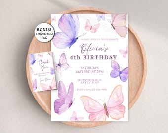 Editable Butterfly Birthday Invitation, Girls Party Invite, Any Age, Purple Butterfly, Pink, Digital Invite, Downloadable, Canva Template