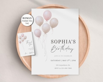 Editable Birthday Invitation, Pink Balloon Girls Party Invite, Any Age, Blush Beige, Boho, Minimalist, Digital Invite, Print, Canva Template