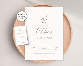Bearbeitbare Elefant-Babypartyeinladung, minimalistische Safari-Party einladen, Beige geschlechtsneutrale Babyparty, Canva-Vorlage, digitale Einladung
