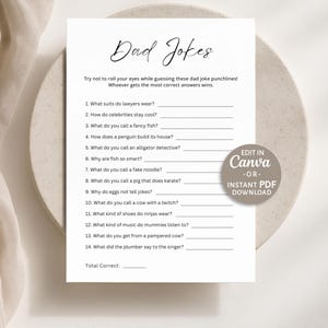 May include: A white rectangular game sheet titled Dad Jokes with fourteen numbered questions and blank lines for answers. The text includes instructions to guess punchlines and a total correct score line. A circular badge reads Edit in Canva or Instant PDF Download.