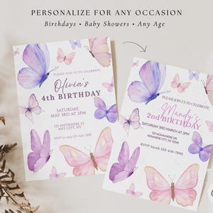 May include: Two birthday invitations with watercolor butterfly illustrations in shades of purple and pink. The invitations are personalized for a 4th and 2nd birthday, with event details and RSVP information.