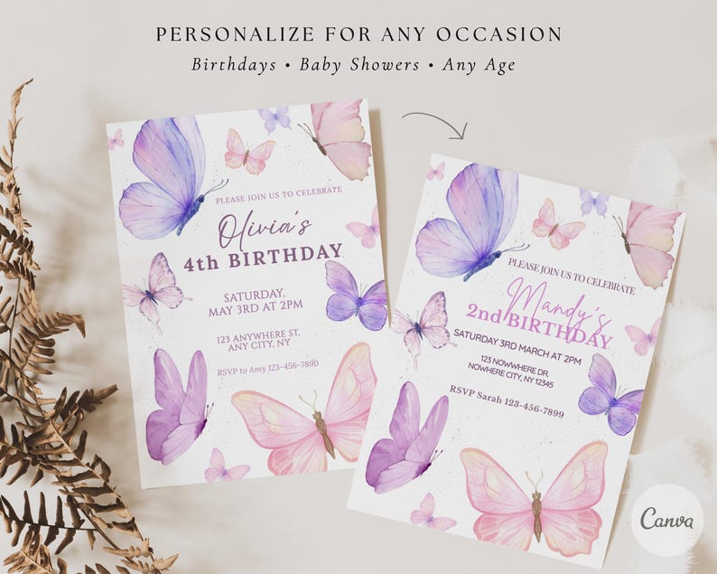 May include: Two birthday invitations with watercolor butterfly illustrations in shades of purple and pink. The invitations are personalized for a 4th and 2nd birthday, with event details and RSVP information.