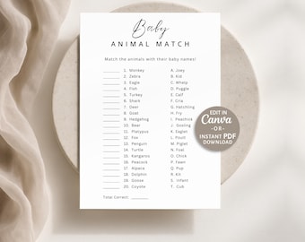 Baby Animal Match Game, Minimalist Safari Woodland Baby Shower Activity, Animal Baby Names, Printable, Editable Canva, Instant Download PDF