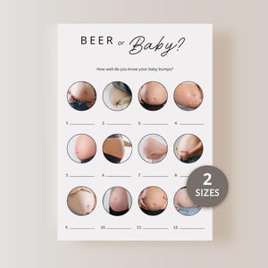 Puede incluir: Una tarjeta de juego blanca titulada BEER or Baby? con el subtítulo How well do you know your baby bumps? La tarjeta presenta doce fotografías circulares de vientres, cada una con una línea numerada y un círculo gris que indica 2 SIZES.