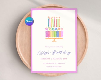 Editable Birthday Invitation, Pastel Pink Party Invite, Any Age Girl Bday, Watercolor Bday Cake, Canva Template, Printable, Digital Invite