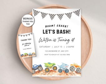 Bearbeitbare Einladung zum Monster-Truck-Geburtstag, Monster Jam Party-Einladung, Boom Crash Bash, für jedes Alter, druckbar, Canva-Vorlage, digitaler Download